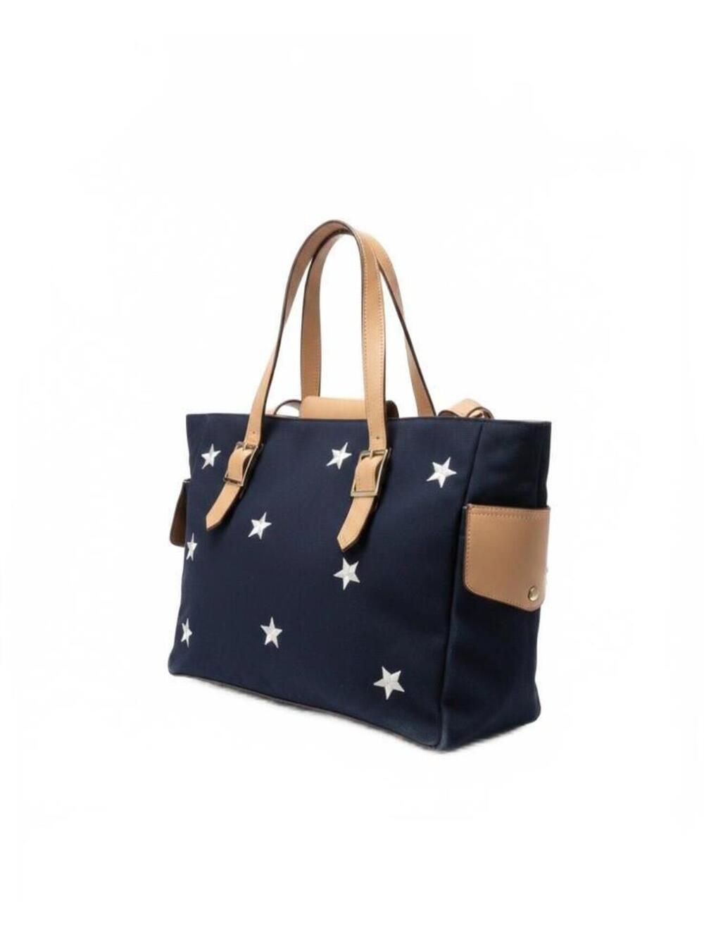 Navy Blue Tote Bag with Star Pattern and Tan Leather Accents with coin purse